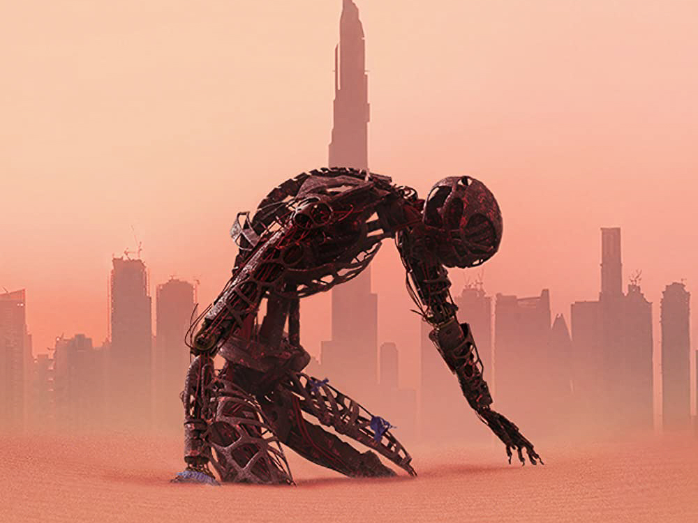 a skeletal robotic figure kneels in sand in front a dusty city scape