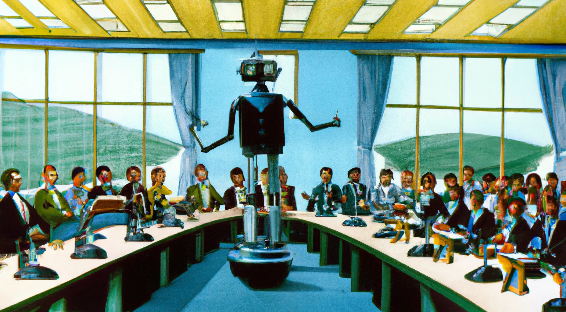 AI generated image of robot firing boardroom of ad execs