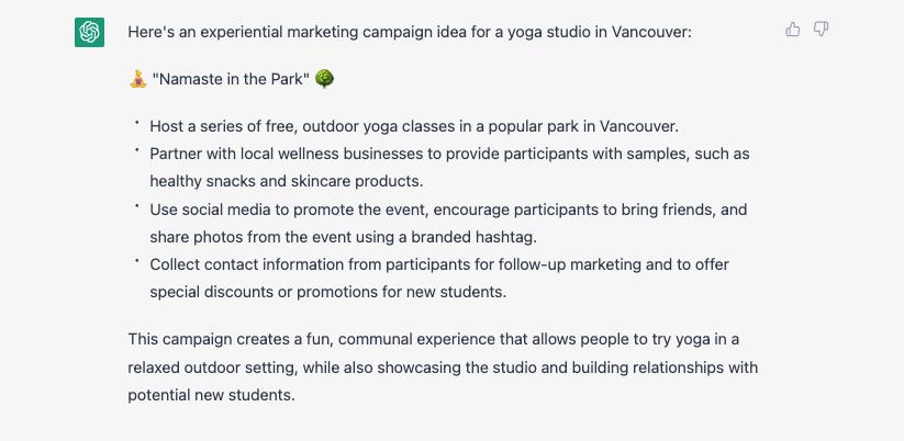 chatGPT screenshot of experiential marketing ideas