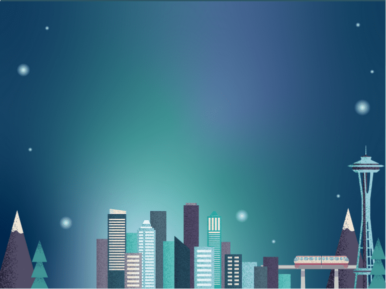Mobile banner for Seattle Christmas Market depicting the Space Needle, a festive Ferris wheel, and snowflakes on a teal background.